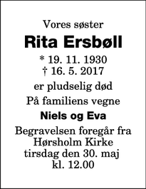 Dødsannoncen for Rita Ersbøll - Væggerløse