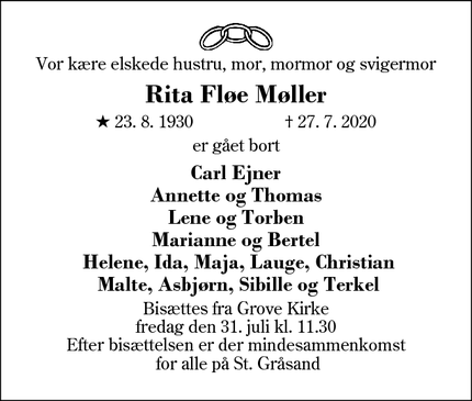 Dødsannoncen for Rita Fløe Møller - Holstebro