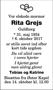 Dødsannoncen for Rita Grejs - Guldborg