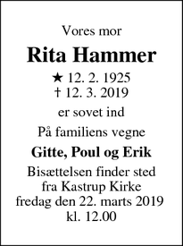 Dødsannoncen for Rita Hammer - Kastrup
