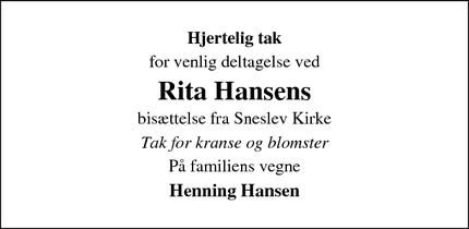 Taksigelsen for Rita Hansens - Sneslev, Ringsted
