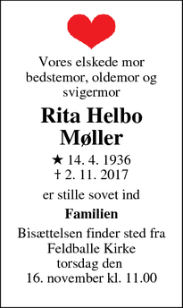 Dødsannoncen for Rita Helbo Møller - Knebel