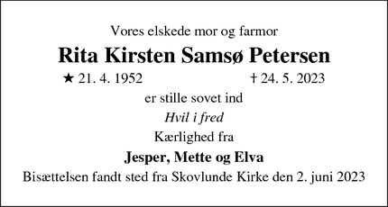 Dødsannoncen for Rita Kirsten Samsø Petersen - København S