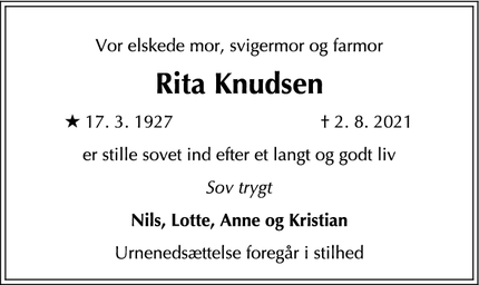 Dødsannoncen for Rita Knudsen - Roskilde