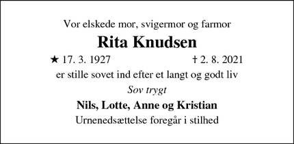 Dødsannoncen for Rita Knudsen - Roskilde