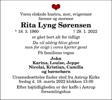 Dødsannoncen for Rita Lyng Sørensen - Hjørring