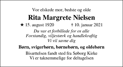 Dødsannoncen for Rita Margrete Nielsen - London