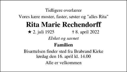 Dødsannoncen for Rita Marie Rechendorff - RANDERS C