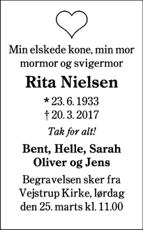 Dødsannoncen for Rita Nielsen - Kolding
