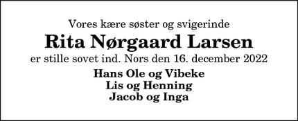 Dødsannoncen for Rita Nørgaard Larsen - Nors 7700 Thisted