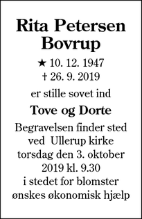 Dødsannoncen for Rita Petersen
Bovrup - adsbøl