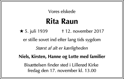 Dødsannoncen for Rita Raun - Lillerød