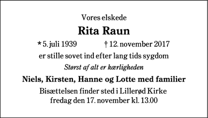 Dødsannoncen for Rita Raun - Lillerød