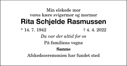 Dødsannoncen for Rita Schjelde Rasmussen - Nørre Alslev