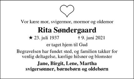 Dødsannoncen for Rita Søndergaard - Farum