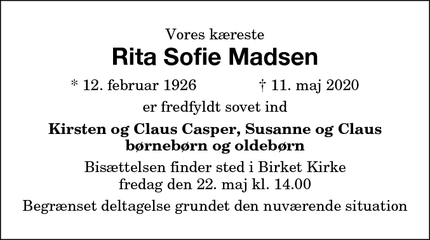 Dødsannoncen for Rita Sofie Madsen - Søllested