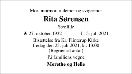 Dødsannoncen for Rita Sørensen - Stenlille
