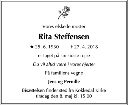 Dødsannoncen for Rita Steffensen - Holte