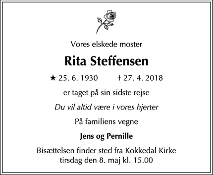 Dødsannoncen for Rita Steffensen - Holte