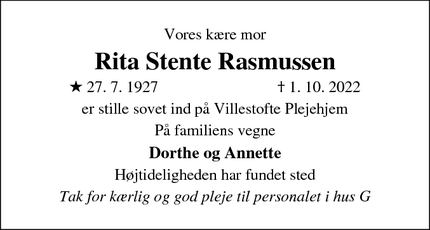 Dødsannoncen for Rita Stente Rasmussen - Odense