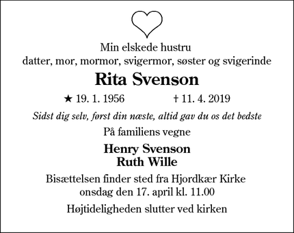 Dødsannoncen for Rita Svenson - Hjordkær