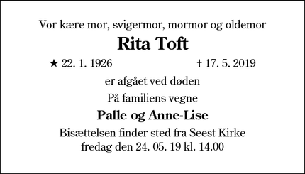 Dødsannoncen for Rita Toft - Kolding 