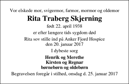 Dødsannoncen for Rita Traberg Skjerning - 6900 Skjern