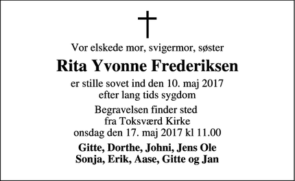 Dødsannoncen for Rita Yvonne Frederiksen - Toksværd