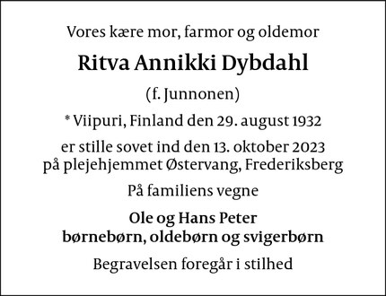 Dødsannoncen for Ritva Annikki Dybdahl - Frederiksberg