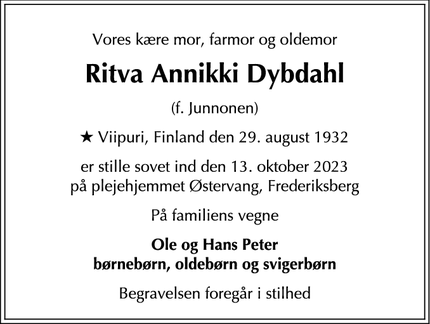 Dødsannoncen for Ritva Annikki Dybdahl - Frederiksberg