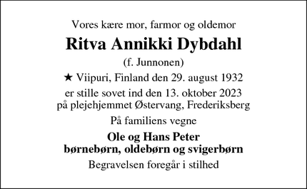 Dødsannoncen for Ritva Annikki Dybdahl - Frederiksberg