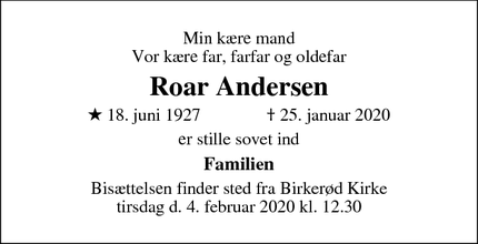 Dødsannoncen for Roar Andersen - Birkerød