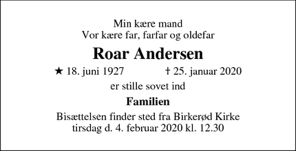 Dødsannoncen for Roar Andersen - Birkerød