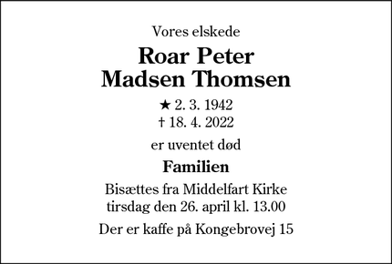 Dødsannoncen for Roar Peter
Madsen Thomsen - Middelfart