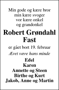 Dødsannoncen for Robert Grøndahl Fast - Varde