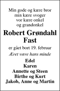 Dødsannoncen for Robert Grøndahl Fast - Varde