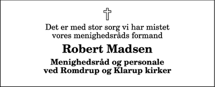 Dødsannoncen for Robert Madsen - Klarup