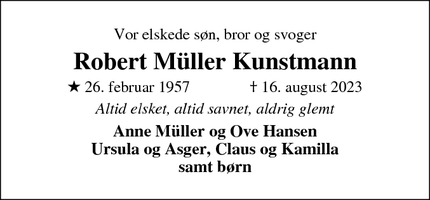 Dødsannoncen for Robert Müller Kunstmann - Sønderborg