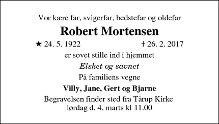 Dødsannoncen for Robert Mortensen - Kvosted