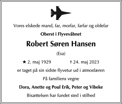 Dødsannoncen for Robert Søren Hansen - Carlsmindeparken 48, 2840 Holte