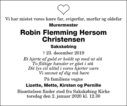 Dødsannoncen for Robin Flemming Hersom Christensen - Sakskøbing
