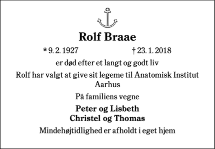Dødsannoncen for Rolf Braae - Kolding
