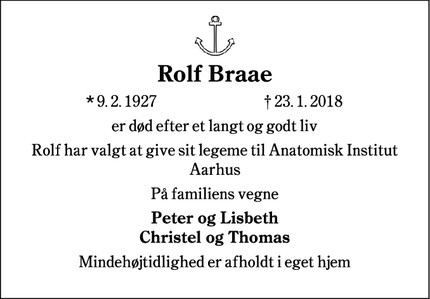 Dødsannoncen for Rolf Braae - Kolding