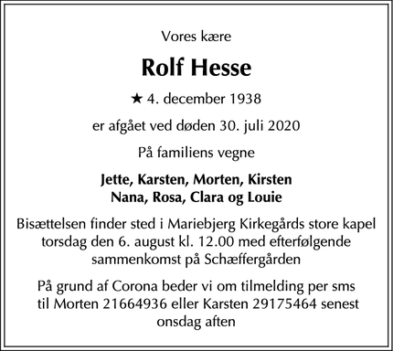 Dødsannoncen for Rolf Hesse - Charlottenlund