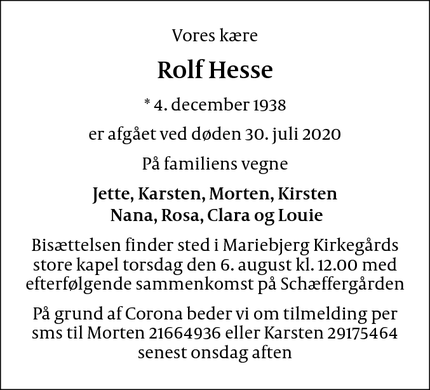 Dødsannoncen for Rolf Hesse - Charlottenlund