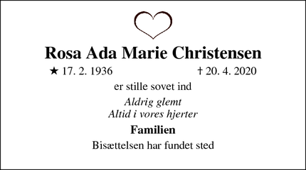 Dødsannoncen for Rosa Ada Marie Christensen - Søborg