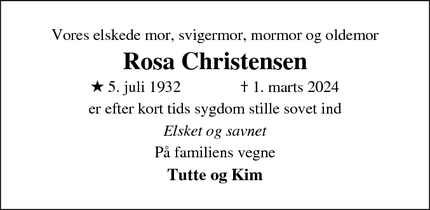 Dødsannoncen for Rosa Christensen - Vejle
