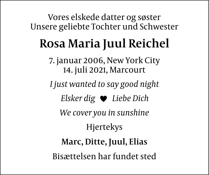 Dødsannoncen for Rosa Maria Juul Reichel - Bruxelles