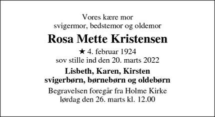 Dødsannoncen for Rosa Mette Kristensen - 8270 Højbjerg