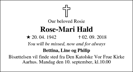 Dødsannoncen for Rose-Mari Hald - Hinnerup